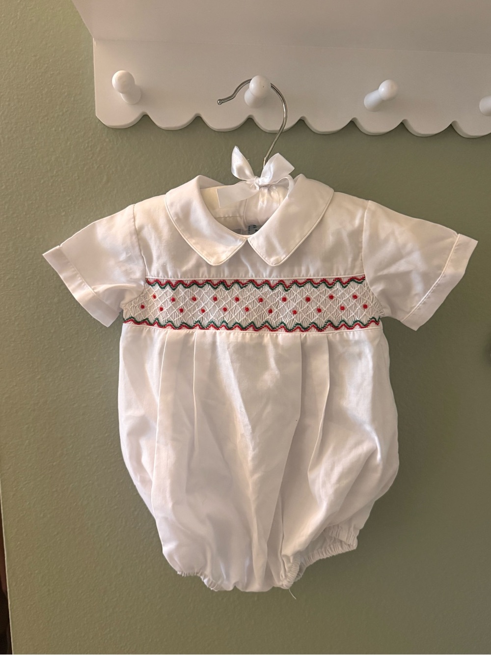 Feltman White Smocked Baby Romper with Red and Green Accents